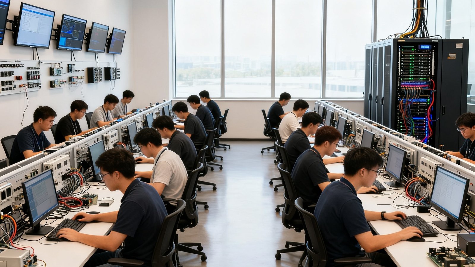 SA视讯深圳研发中心团队在开放式办公室中的工作场景，约40名工程师坐在双排长桌前专注编程和调试设备，墙面上挂着多块测试用显示屏，角落的机柜里运行着正在测试的服务器集群，自然光透过落地窗照亮整个空间，氛围专业而充满活力