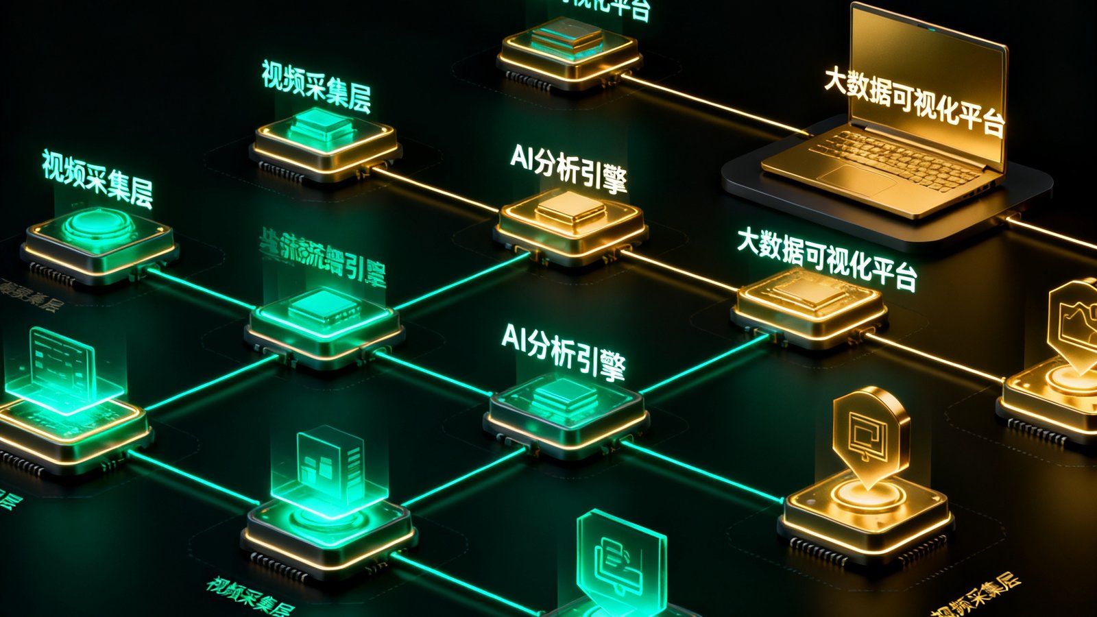 SA视讯平台技术架构示意图，展示从底层视频采集层经AI分析引擎到顶层大数据可视化平台的完整数据流转链路，各模块间用发光线条连接，深色背景上以翠绿色和金色高亮标注关键节点