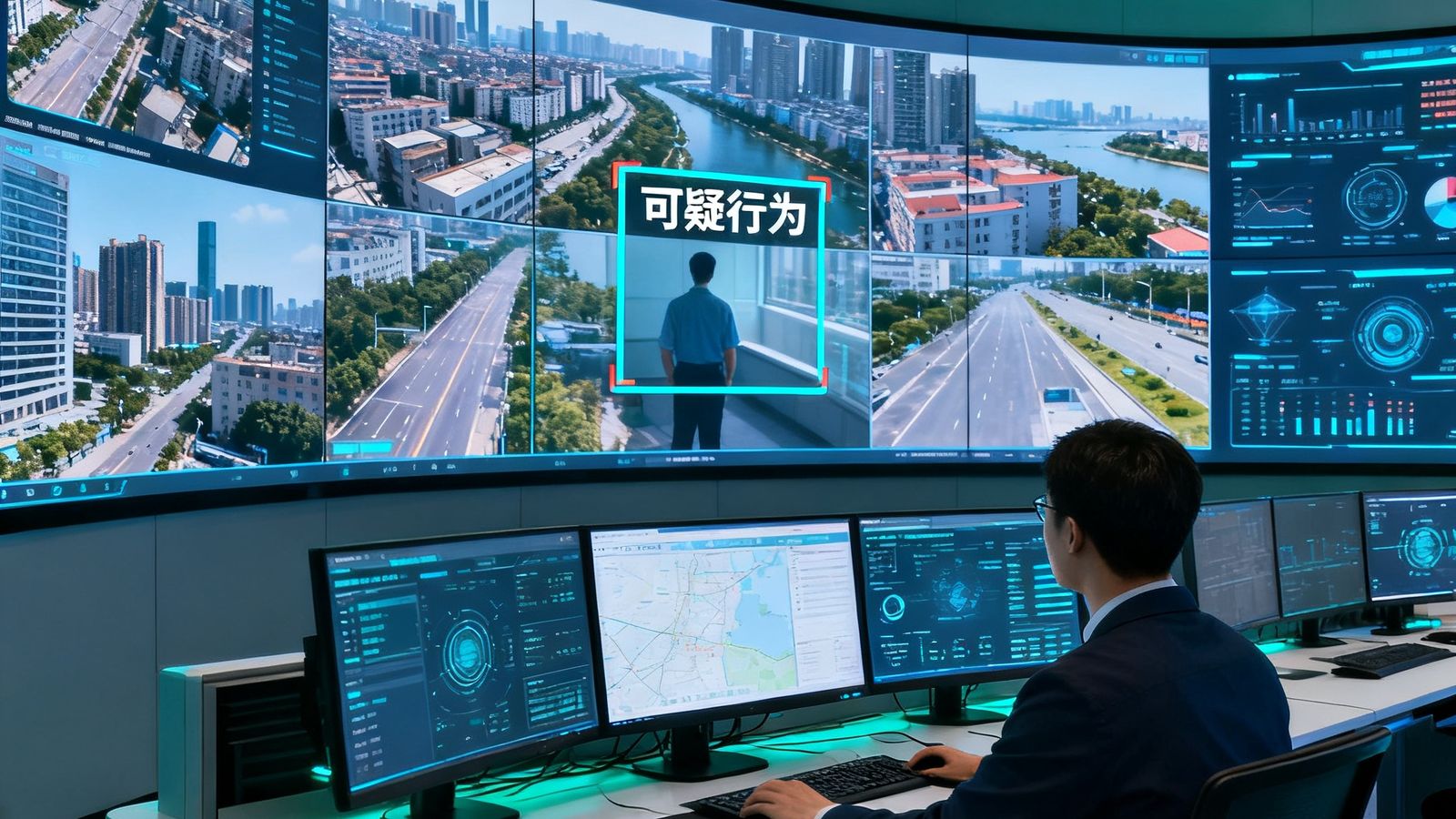 SA视讯智能安防监控中心内，多块高清曲面显示屏组成的监控墙正在实时展示城市各区域画面，AI系统自动框选标注可疑行为，操作台前技术人员专注分析数据，蓝绿色科技光线从屏幕散发照亮整个空间