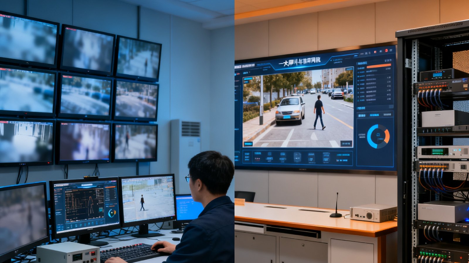 对比示意图左侧展示升级前的老旧监控室场景：多台独立的小屏幕、模糊的模拟画面、操作员手动切换查看；右侧展示升级后的同一监控室：统一的大屏可视化界面、AI自动标注检测目标、整洁的机柜中部署了边缘计算网关，整体环境焕然一新